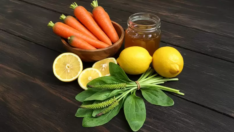Naturligt elixir för en frisk lever med morötter, honung, citroner och maskros