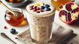 Shake mot halsont med honung, granatäpplekärnor, yoghurt, blåbär och banan